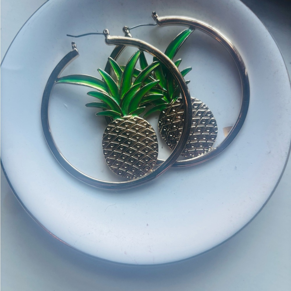 Betsy Johnson Gold and Green Pineapple Hoop Earrings RARE